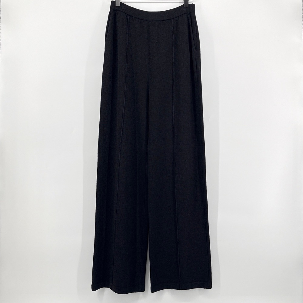 St. John Collection Marie Gray Black Santana Knit Wide Leg Pants Pintuck Size 8